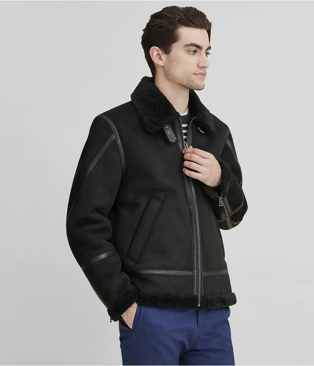 Men’s Black Suede Leather Shearling Jacket – Winter Fur Lined Outerwear