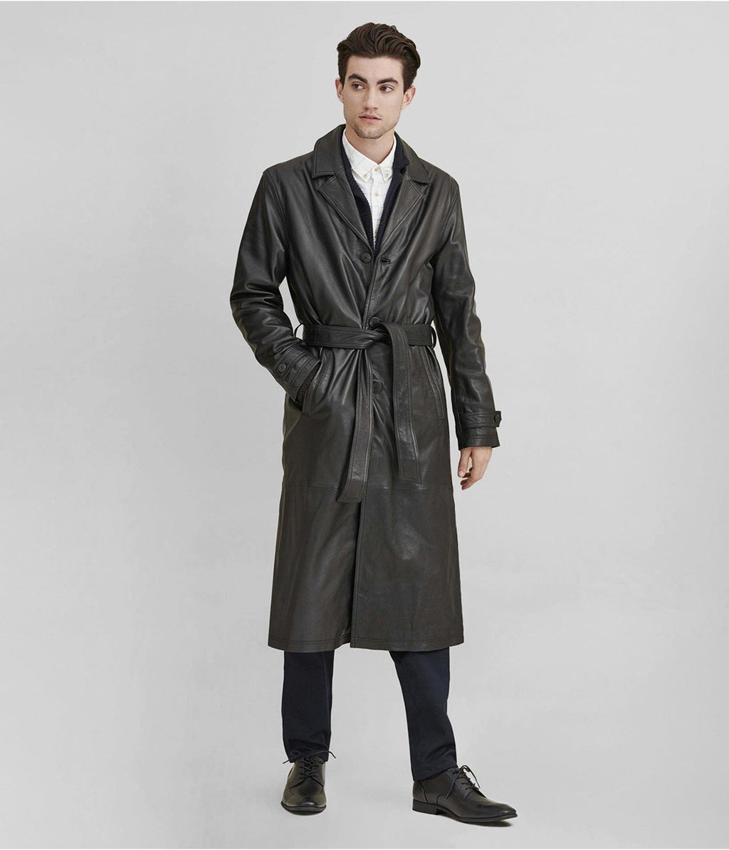Men’s Black Leather Trench Coat with Belt – Classic & Timeless