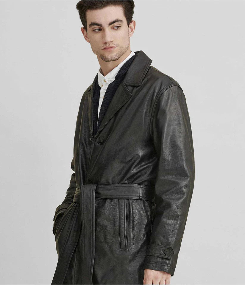 Men’s Leather Trench Coat in Black with Belt