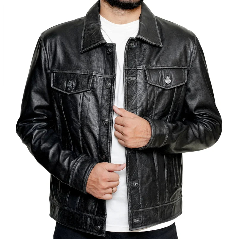Men’s Classic Black Leather Biker Jacket – Handmade Vintage Biker Shirt Jacket, Perfect Gift for Him