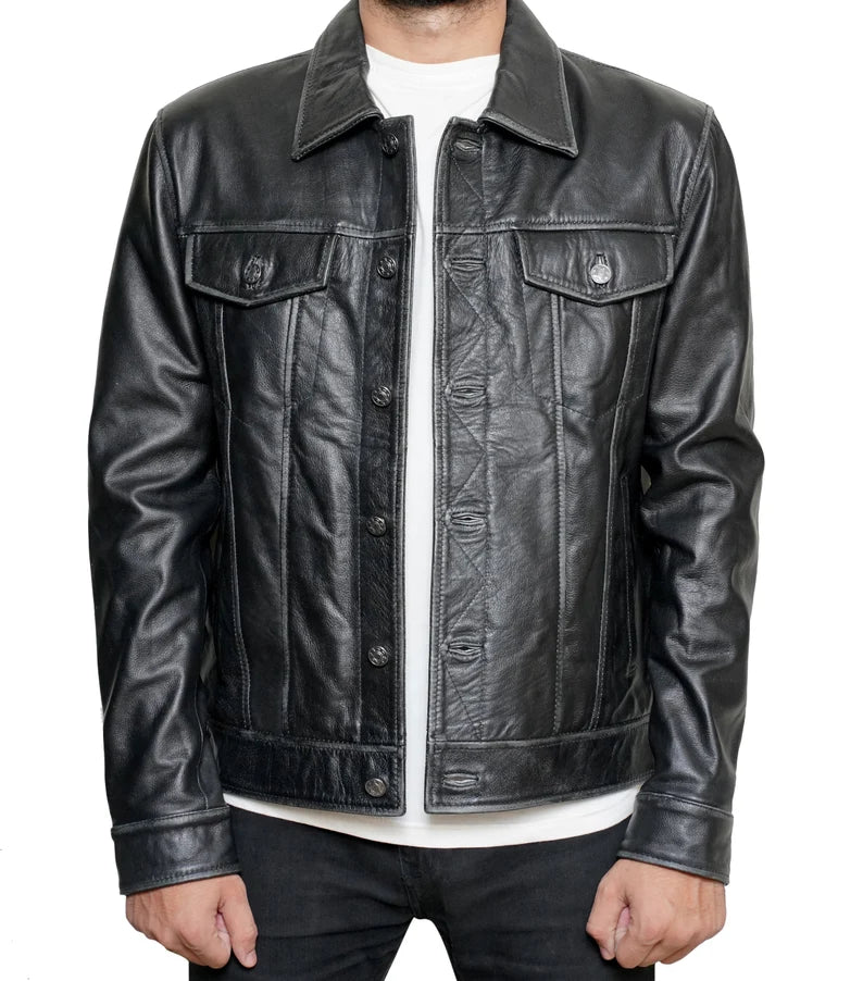 Men’s Classic Black Leather Biker Jacket – Handmade Vintage Biker Shirt Jacket, Perfect Gift for Him