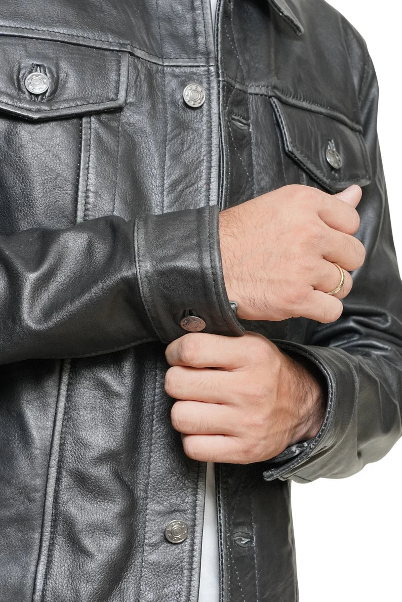 Men’s Classic Black Leather Biker Jacket – Handmade Vintage Biker Shirt Jacket, Perfect Gift for Him