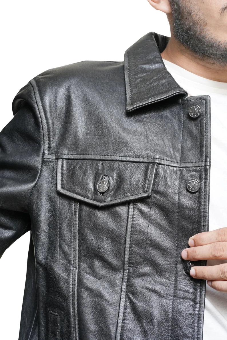Men’s Classic Black Leather Biker Jacket – Handmade Vintage Biker Shirt Jacket, Perfect Gift for Him