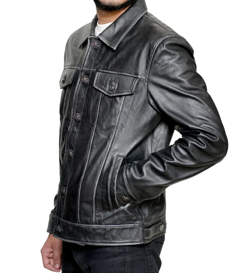 Men’s Classic Black Leather Biker Jacket – Handmade Vintage Biker Shirt Jacket, Perfect Gift for Him