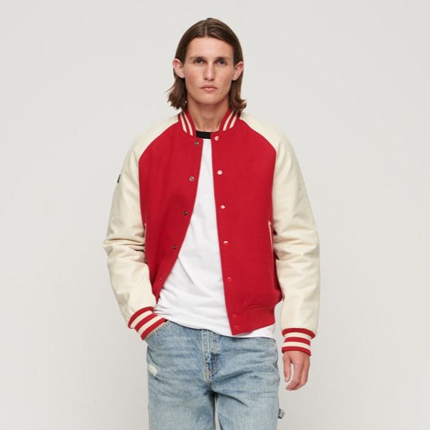Men’s Red & White Varsity Leather Letterman Jacket – Classic Bomber Style