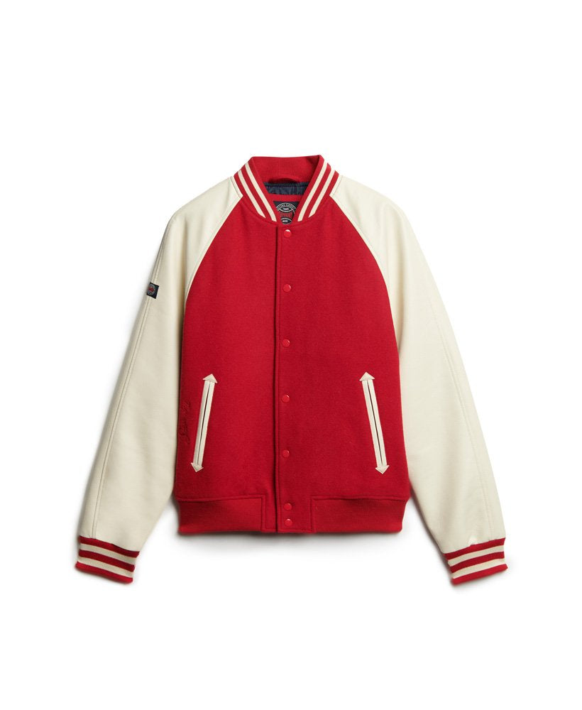 Men’s Red & White Varsity Leather Letterman Jacket – Classic Bomber Style