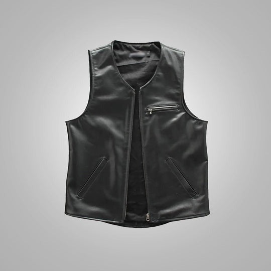 Men's Classic Black Motorcycle Leather Vest