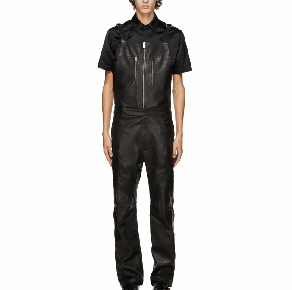 Men’s Black Leather Overalls Jumpsuit