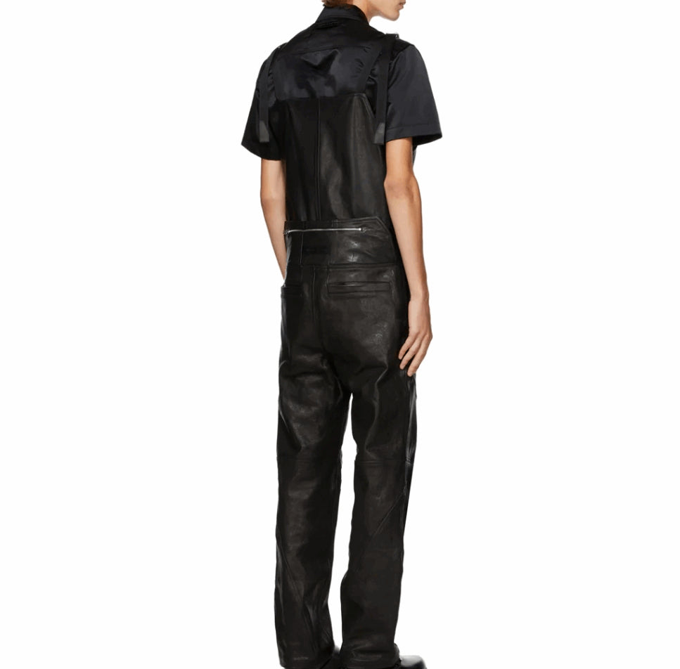 Men’s Black Leather Overalls Jumpsuit