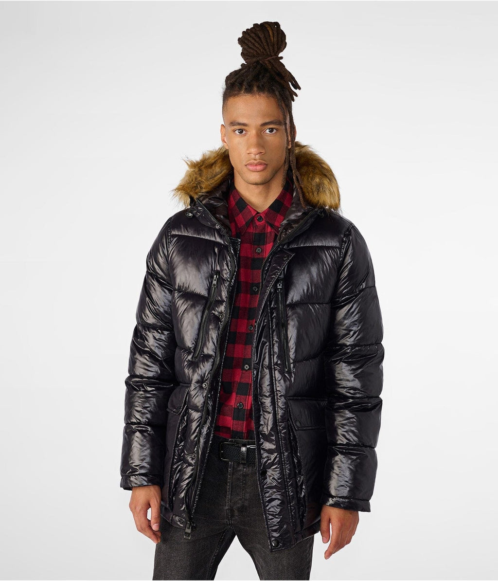 Men’s Black Puffer Jacket with Faux Fur Hood