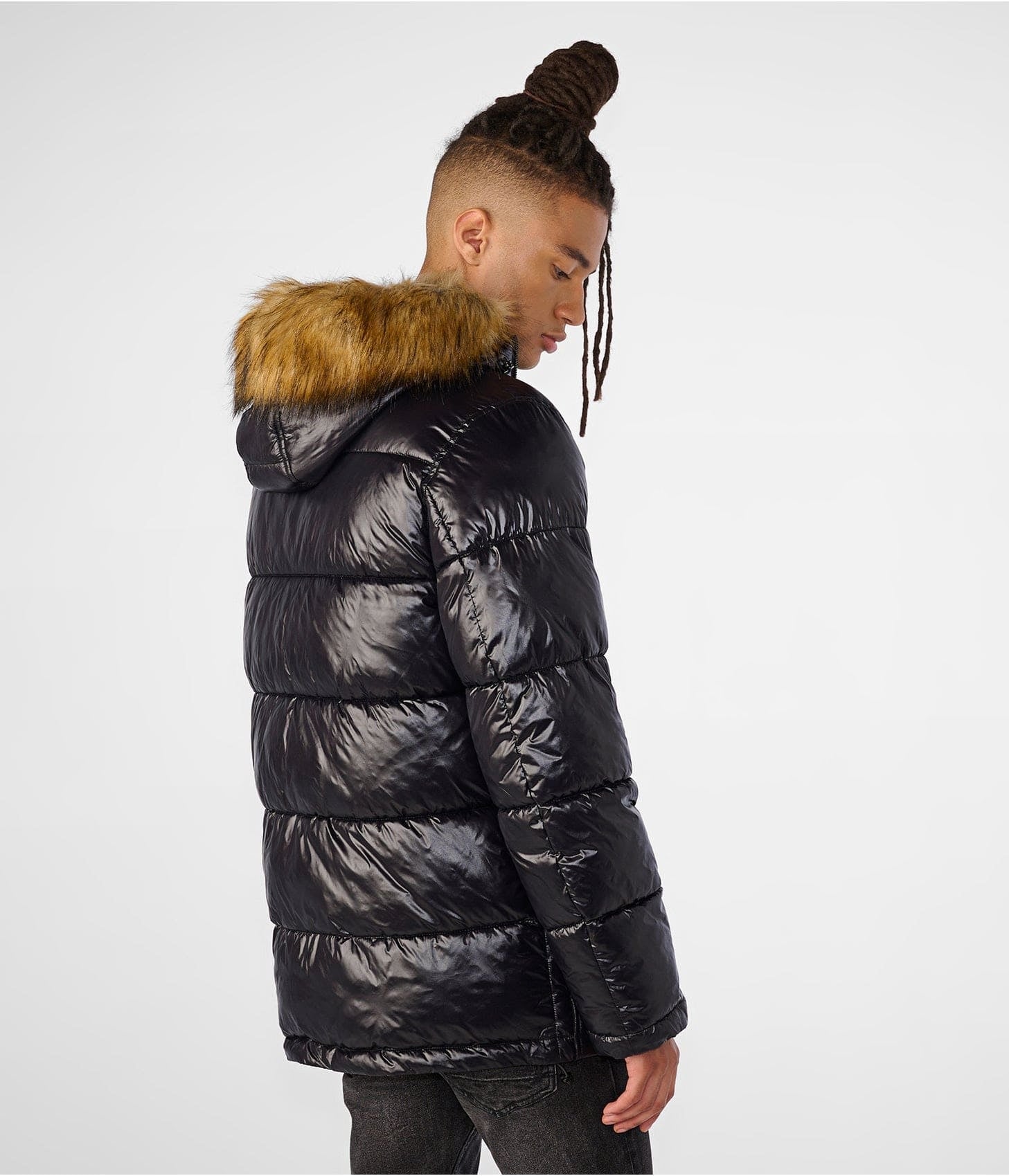 Men’s Black Puffer Jacket with Faux Fur Hood