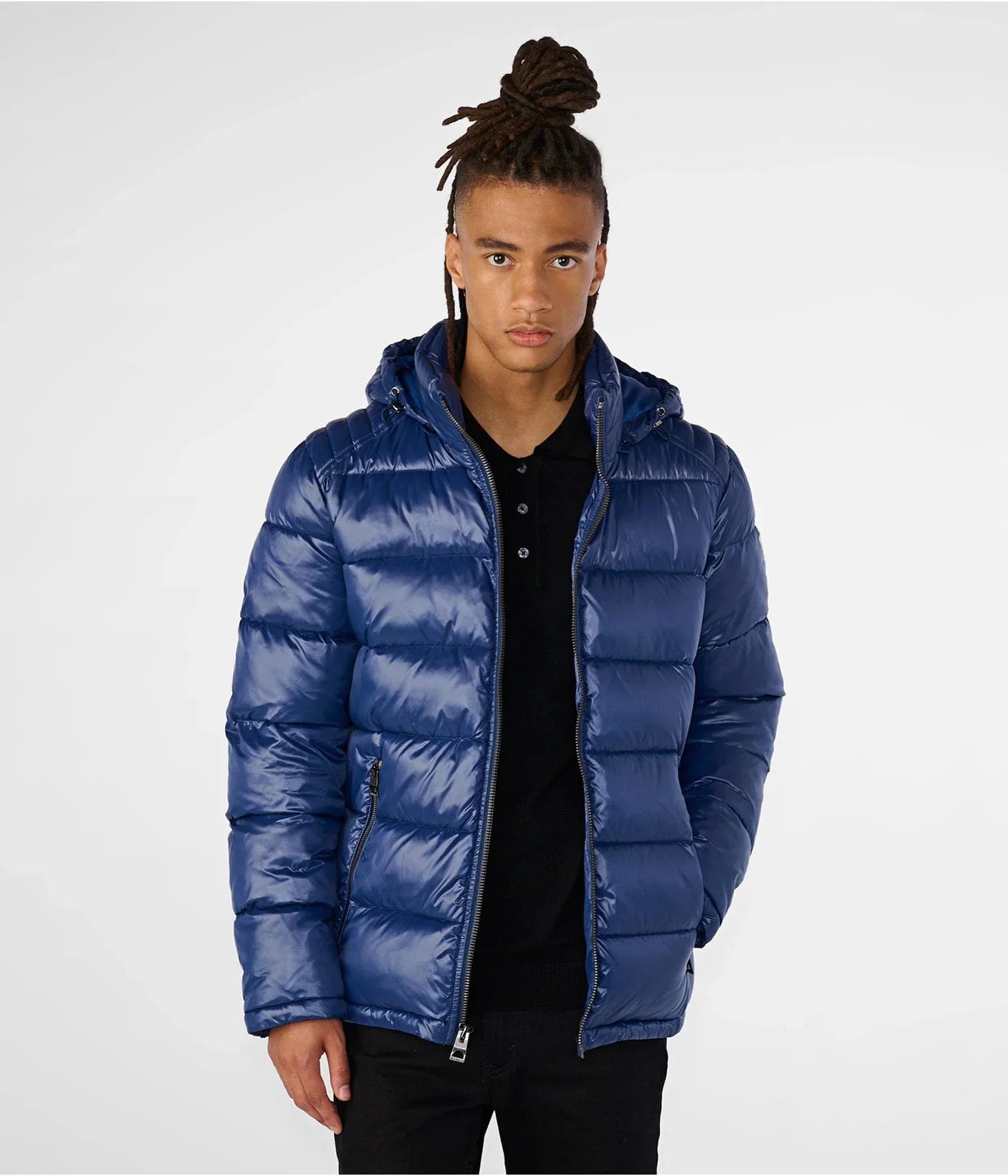 Men’s Blue Puffer Jacket with Removable Hood – Lightweight Winter Coat