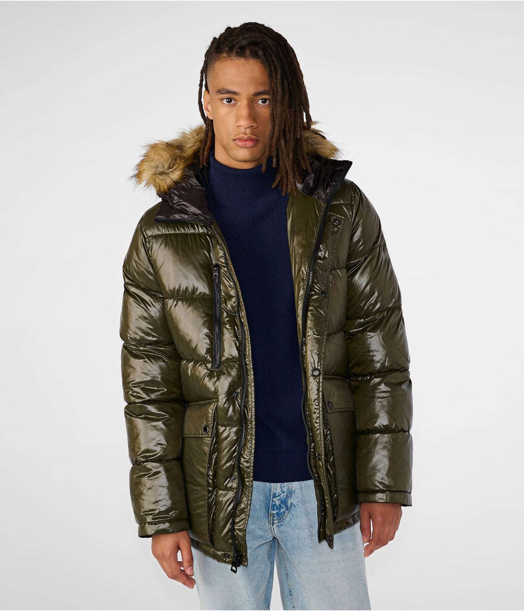 Men’s Olive Green Puffer Jacket with Fur Hood – Warm Winter Coat