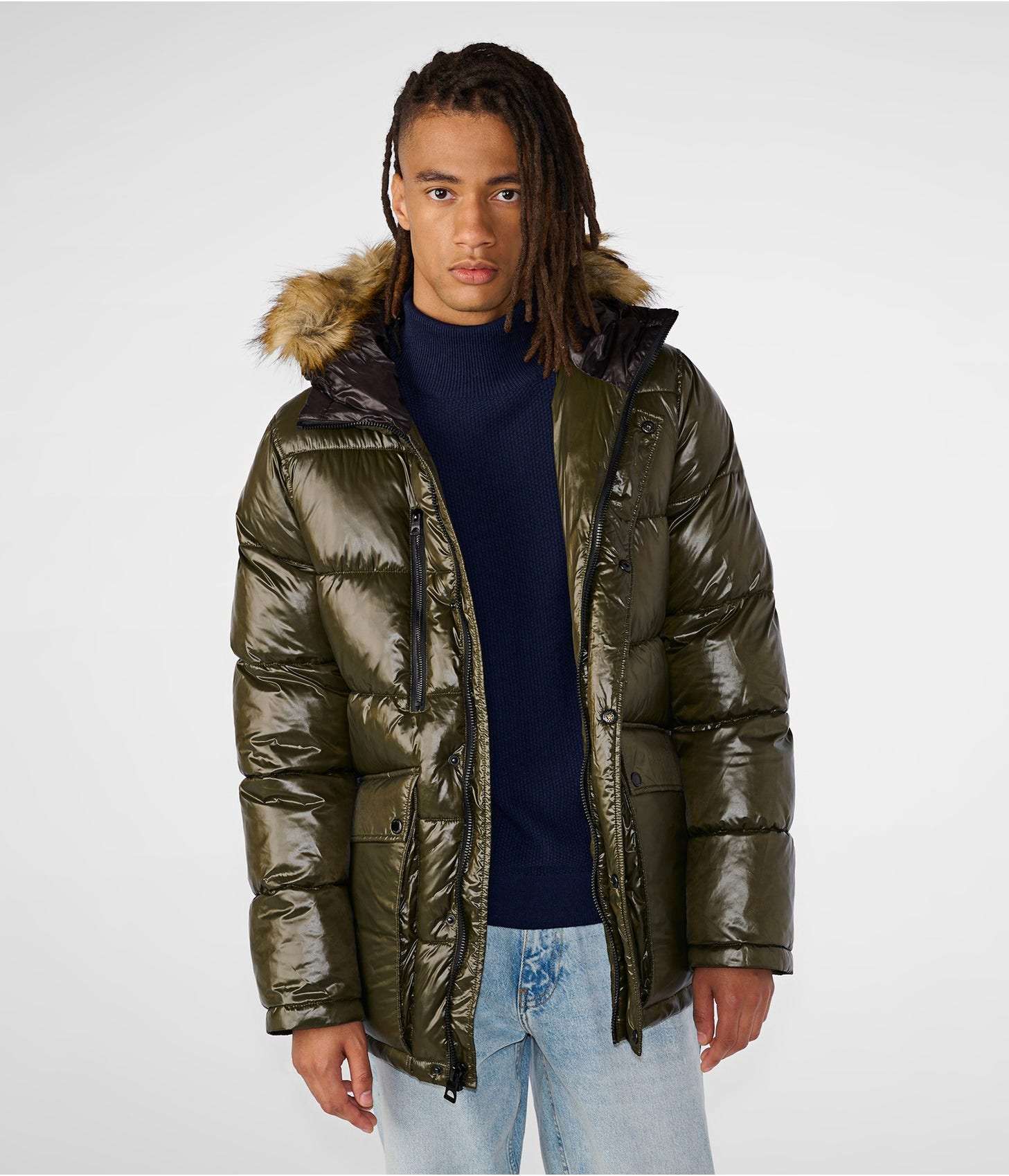 Men’s Olive Green Puffer Jacket with Fur Hood – Warm Winter Coat