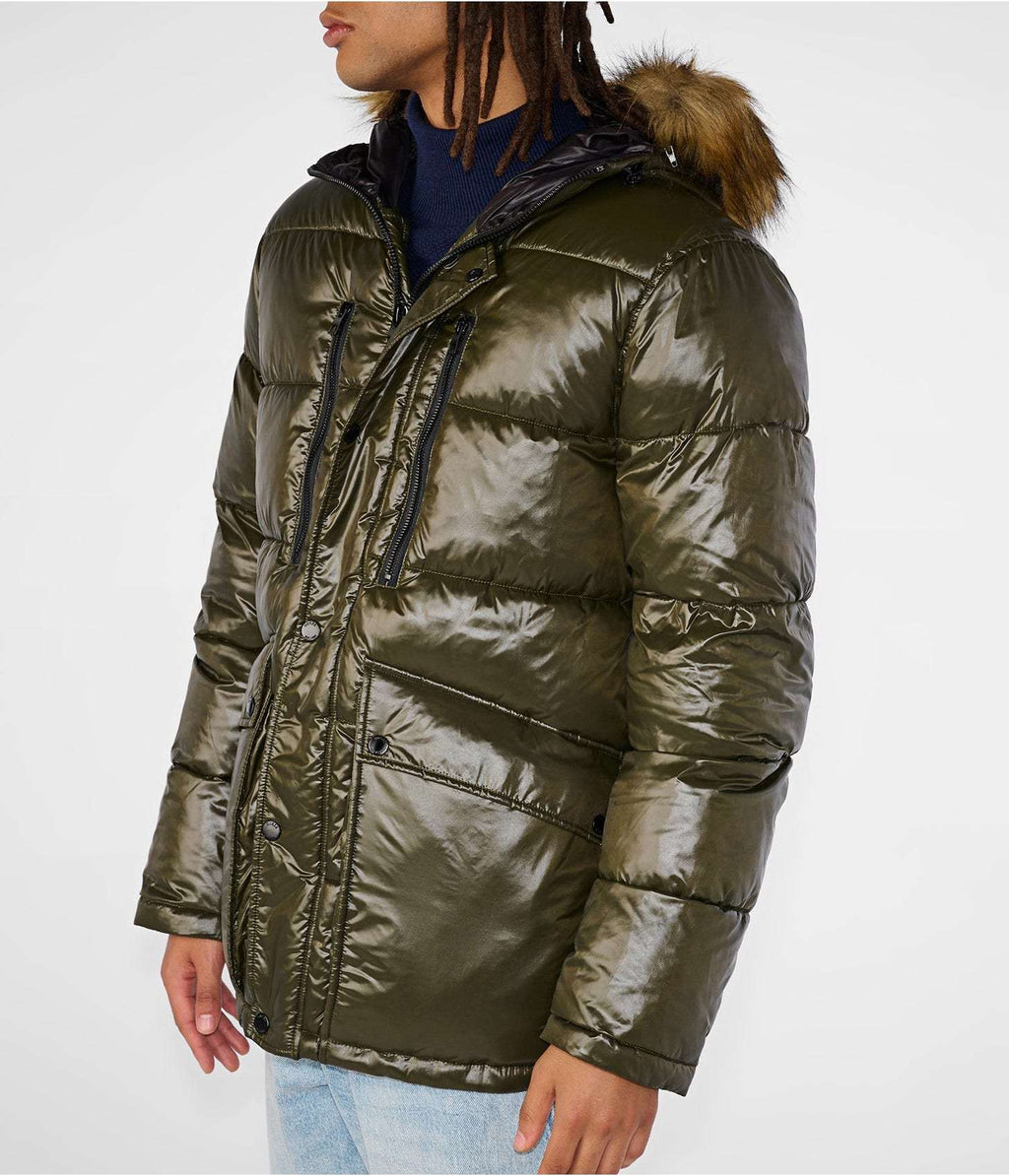 Men’s Olive Green Puffer Jacket with Fur Hood – Warm Winter Coat