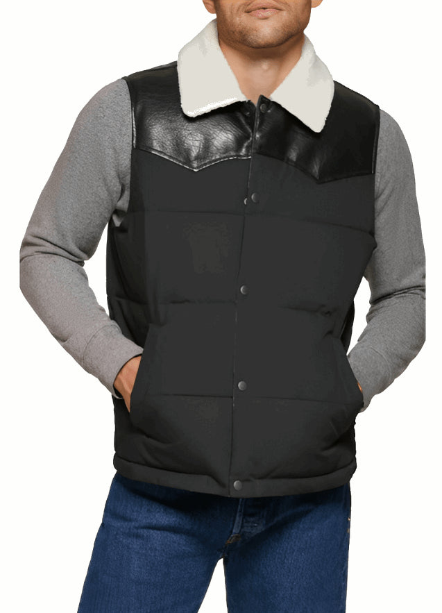 Men's Black Leather Puffer Vest with Shearling Collar