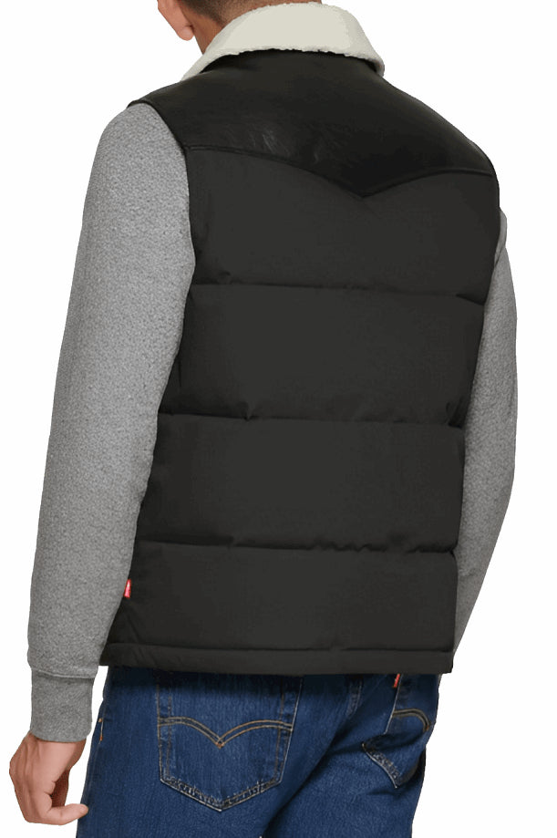 Men’s Black Puffer Leather Vest – Shearling Collar & Warm Insulation