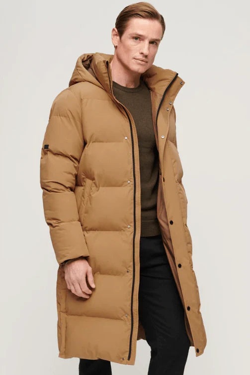 Shop Best Men's Puffer Trench Coat In Brown With Removable Hood