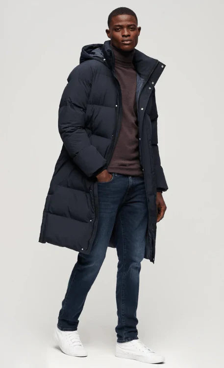 Men's Puffer Trench Hooded Coat in Royal Blue
