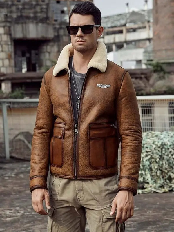 Men’s RAF Shearling Aviator Leather Jacket in Brown
