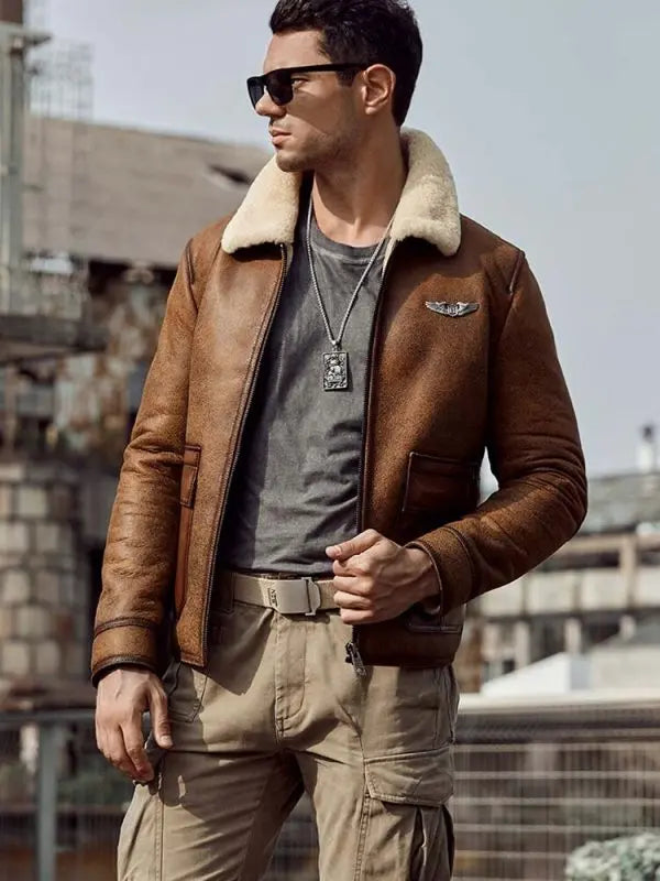 Men’s RAF Shearling Aviator Leather Jacket in Brown