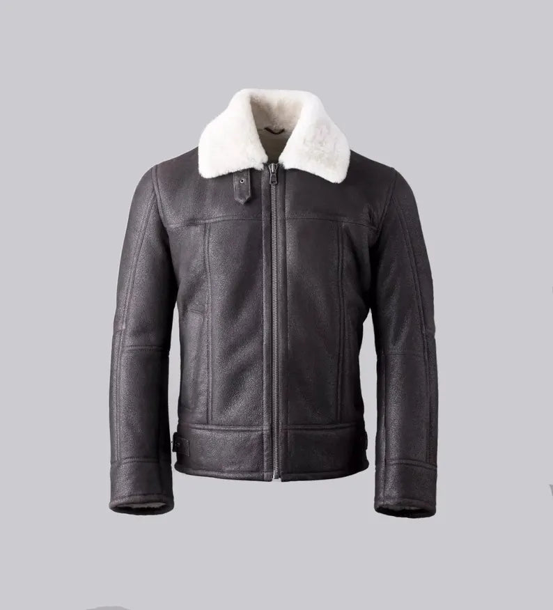 Men’s Rare Vintage Black Shearling Leather Bomber Jacket – Handmade Soft Faux Fur Gift Item
