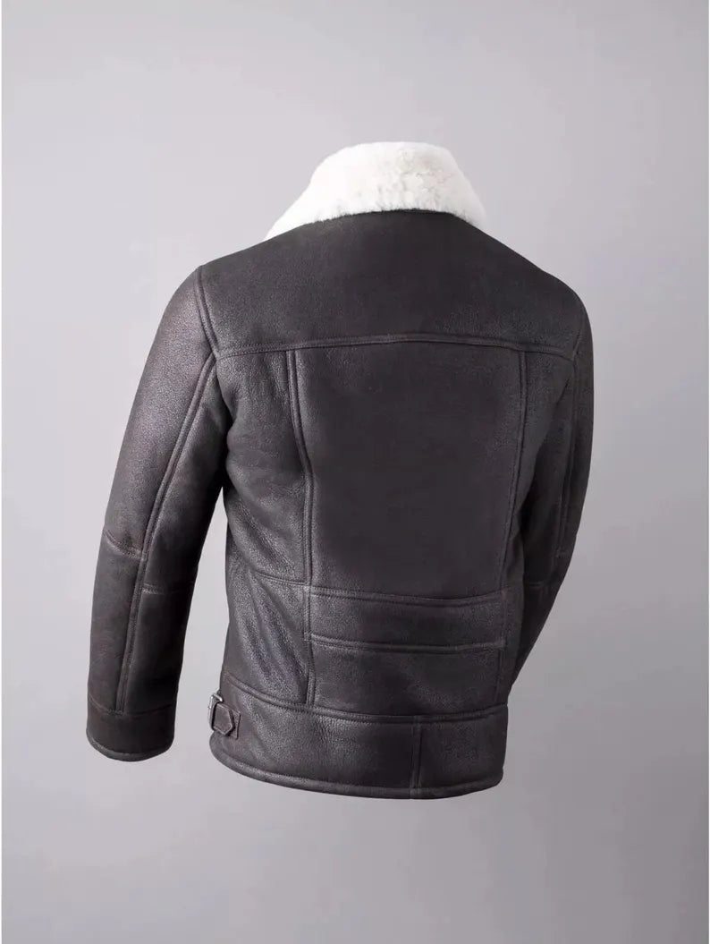Men’s Rare Vintage Black Shearling Leather Bomber Jacket – Handmade Soft Faux Fur Gift Item