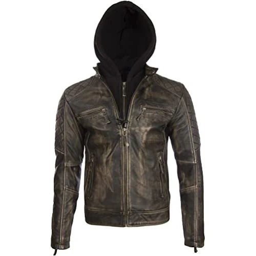 Men’s Vintage Leather Biker Jacket with Removable Hood – Real Leather Style