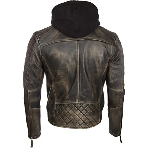 Men’s Vintage Leather Biker Jacket with Removable Hood – Real Leather Style