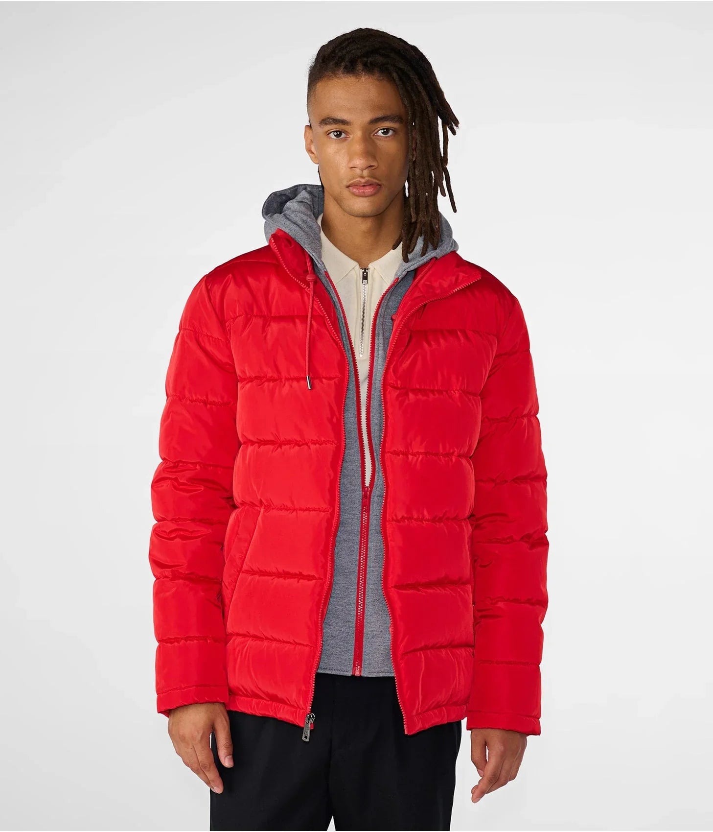 Men’s Red Puffer Jacket with Removable Hood – Lightweight Winter Outerwear