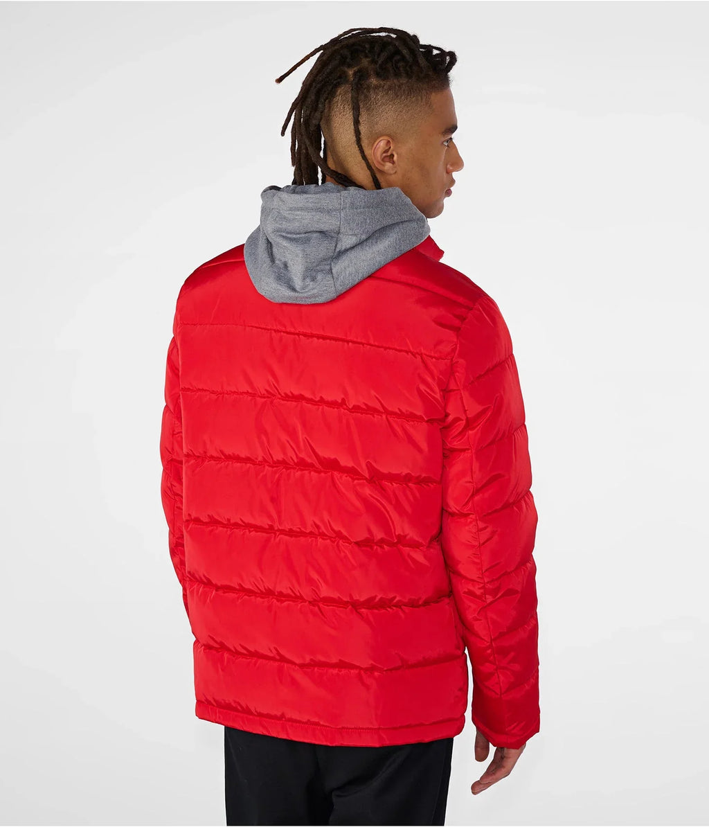 Men’s Red Puffer Jacket with Removable Hood – Lightweight Winter Outerwear