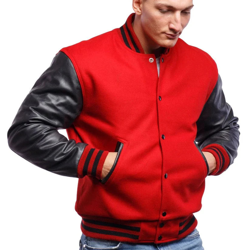Red & Black Leather Varsity Jacket for Men – Bold Streetwear Style