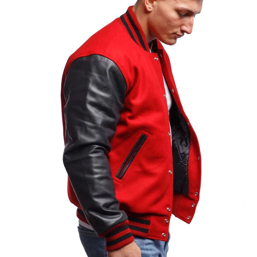 Red & Black Leather Varsity Jacket for Men – Bold Streetwear Style