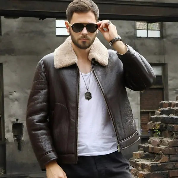 Men's Shearling Aviator Leather Jacket in Coffee Brown