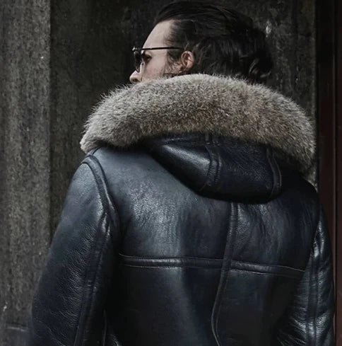 Men’s Shearling Aviator Parka Leather Jackets in Black