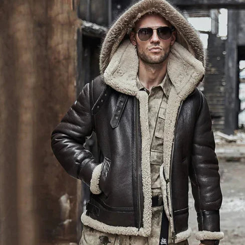 Men's Shearling Aviator Parka Leather Jackets in Dark Brown