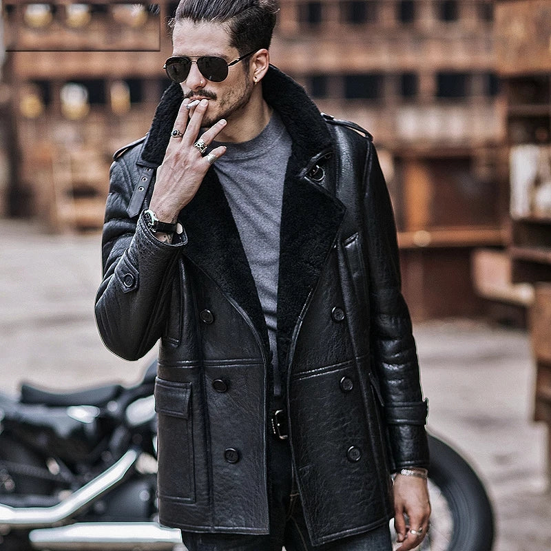 Men’s Shearling Fur Leather Coat in Black