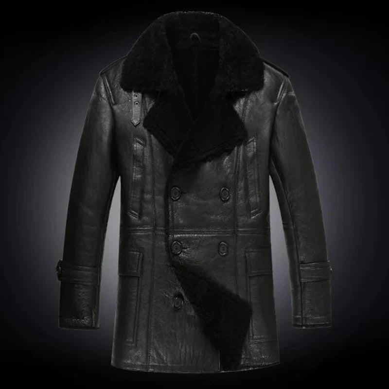 Men’s Shearling Fur Leather Coat in Black