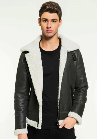 Men’s Shearling Fur Leather Jacket in Black