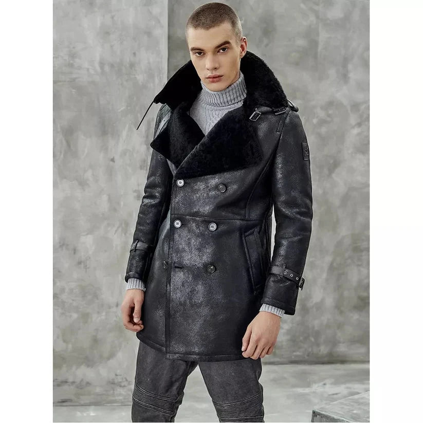 Men’s Shearling Leather Coat in Black