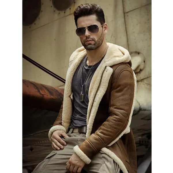 Men’s Brown Shearling Leather Coat with Hood
