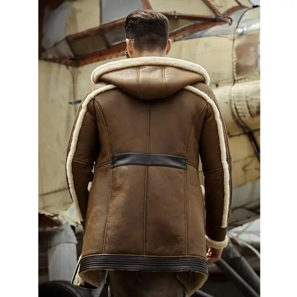 Men’s Brown Shearling Leather Coat with Hood