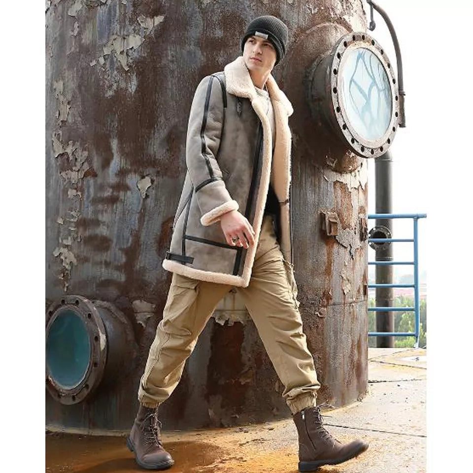 Men’s Gray Shearling Leather Coat with Removable Hood