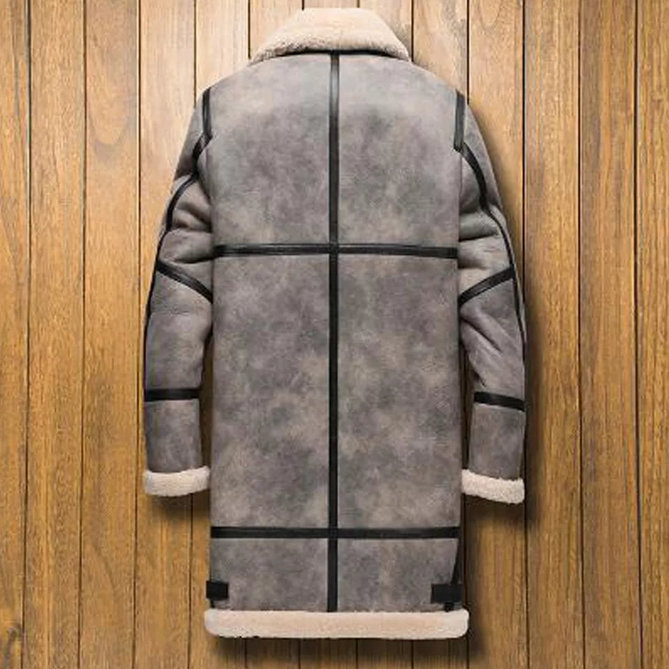 Men’s Gray Shearling Leather Coat with Removable Hood