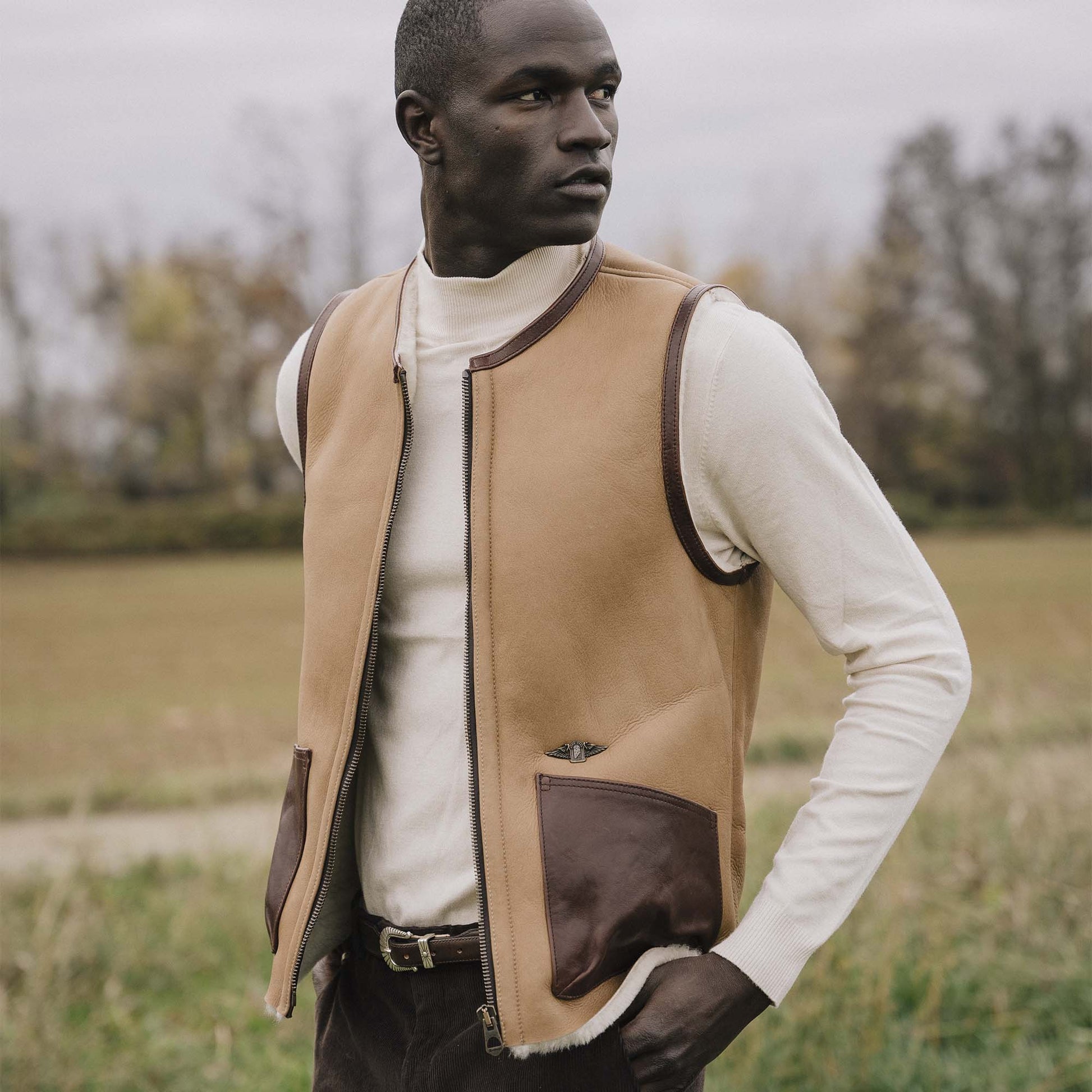 Men's Beige Shearling Leather Vest