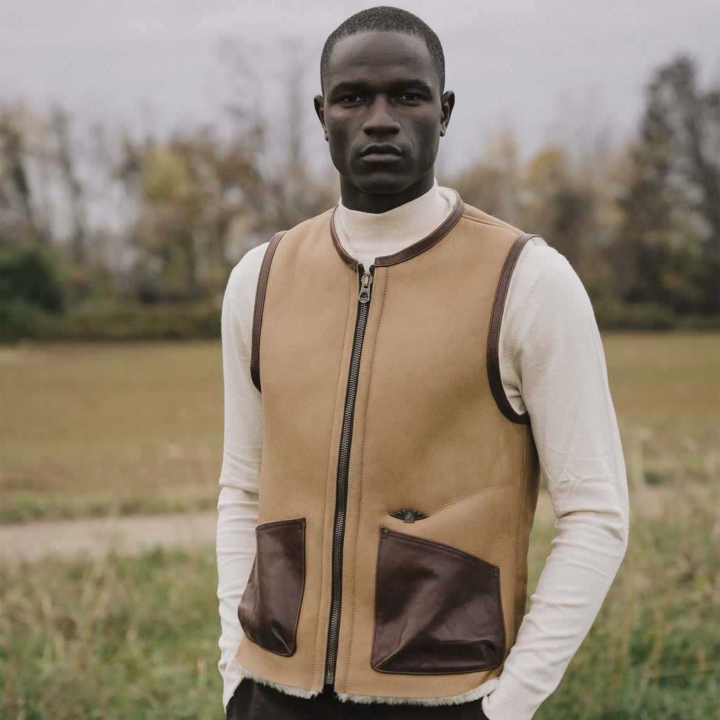 Men's Beige Shearling Leather Vest