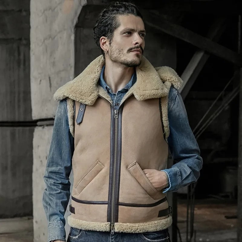 Men’s Beige Shearling Leather Vest – Removable Hood & Winter Warmth