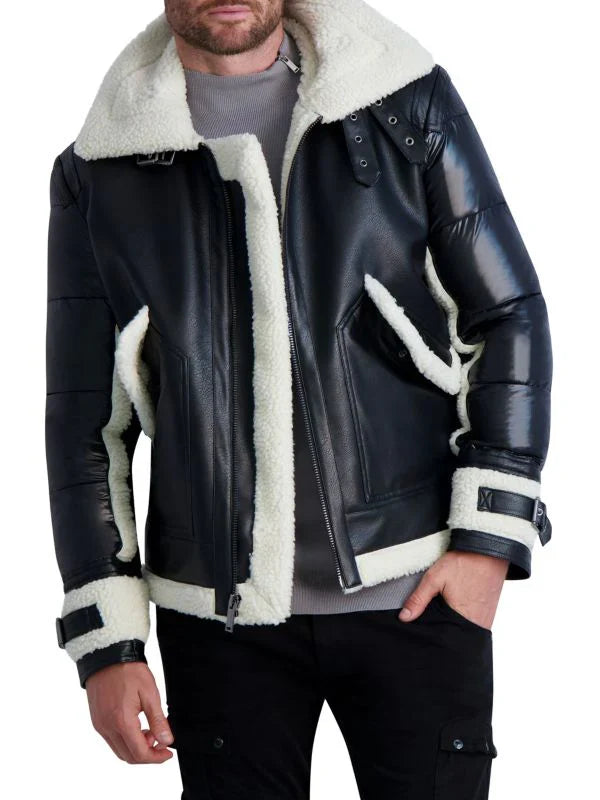 Men’s Shearling Puffer Leather Jacket in Black