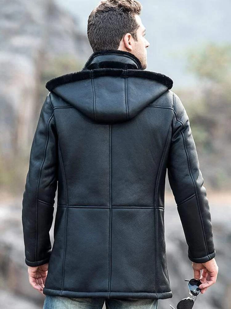 Men's Sheepskin Fur Leather Coat in Black With Hood