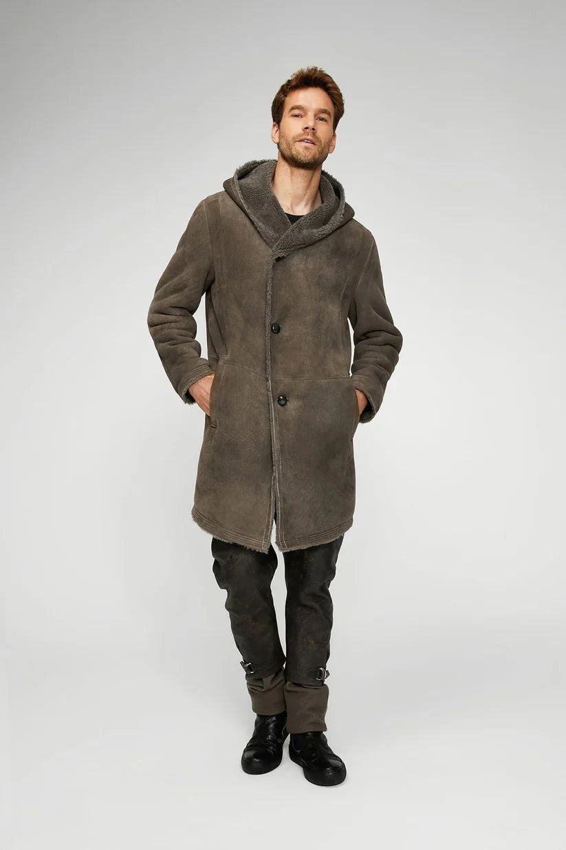 Men’s Sheepskin Leather Coat in Gray with Hood